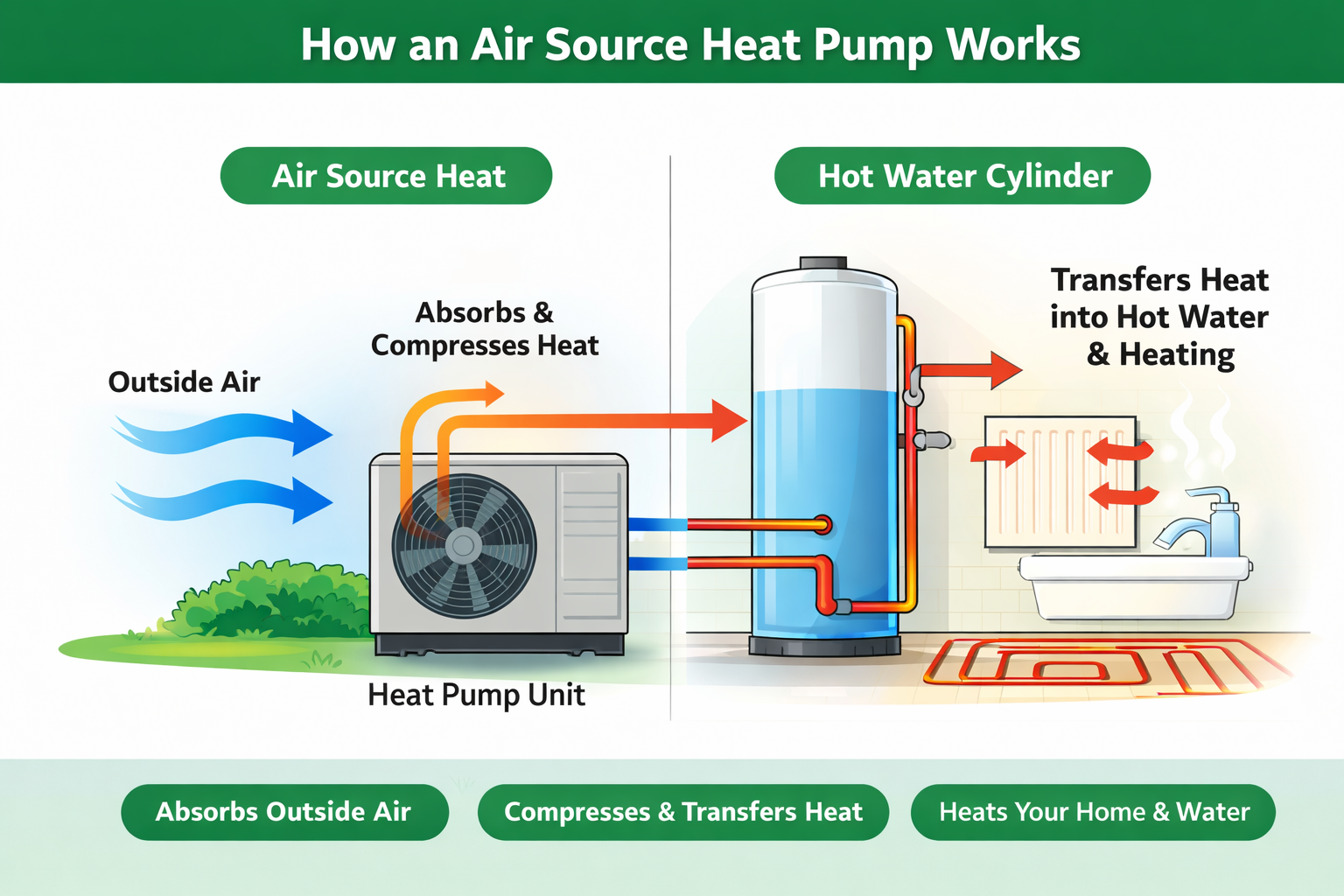 Diagram showing how an air source heat pump works